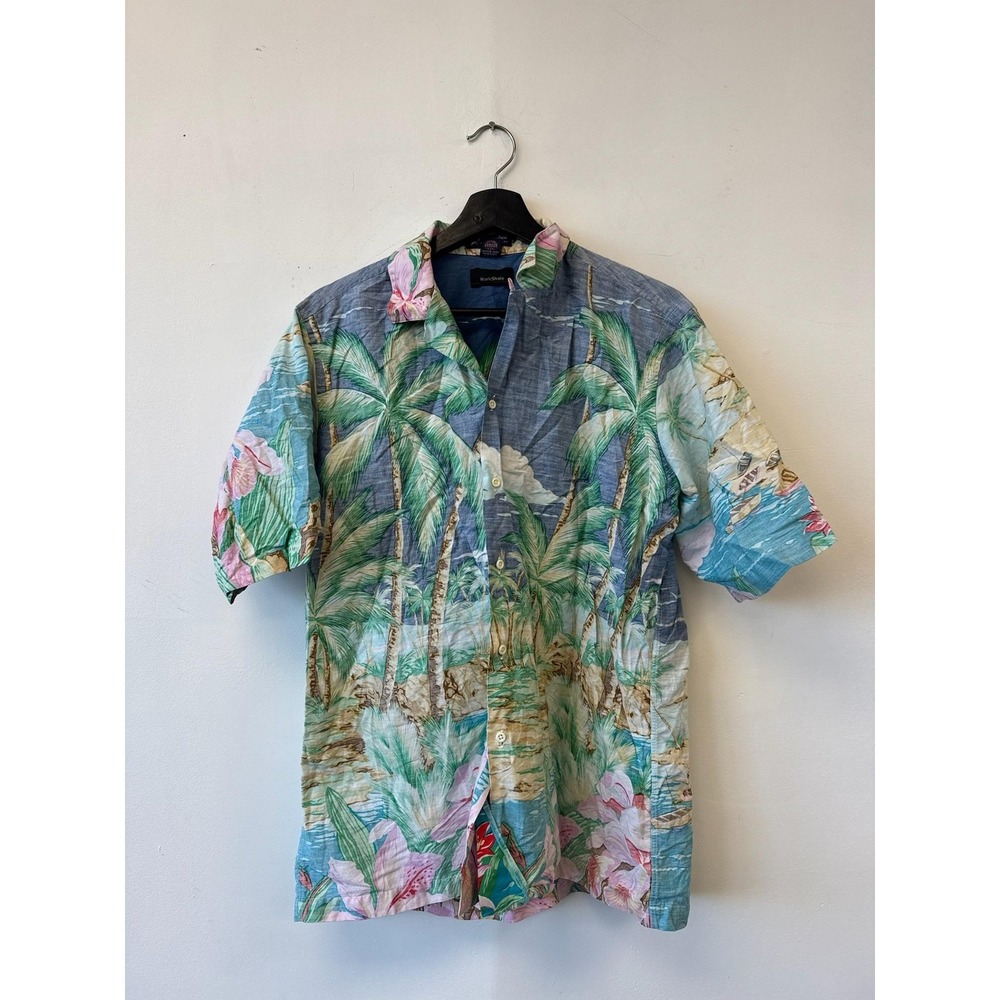 Vintage Mark Shale Hawaiian Shirt Mens Medium Blue Green Tropical Palm Aloha 80s